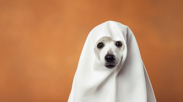 Cute dog wrapped in a sheet wearing a ghost costume on a minimalistic background Halloween concept