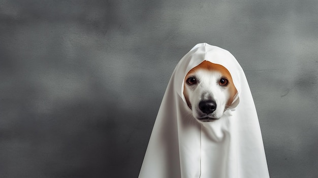 미니멀한 배경의 할로윈 컨셉에 유령 의상을 입은 시트에 싸인 귀여운 개