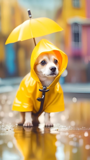 Cute dog in yellow raincoat in rainy day 3d drawing cartoon artwork