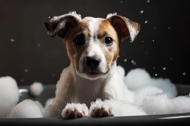 Фото Милый песик принимает ванну с пеной на голове концепция ухода за домашними животными
