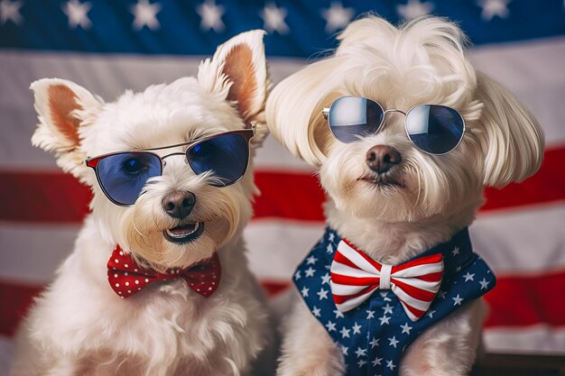 Cute doggies wear festive clothes in american flag colors Independence Day or flag day Generative AI illustration