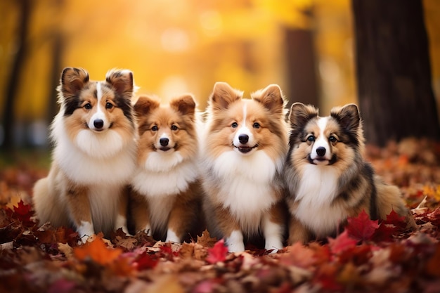 Cute dogs in autumn leaves