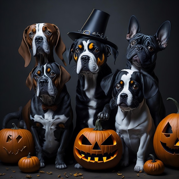 Cute Dogs celebrating Halloween Party With pumpkins and bats