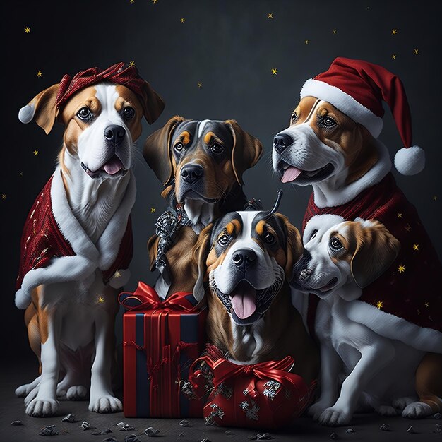 メリー クリスマス パーティーの背景を祝うかわいい犬 クリスマスの犬