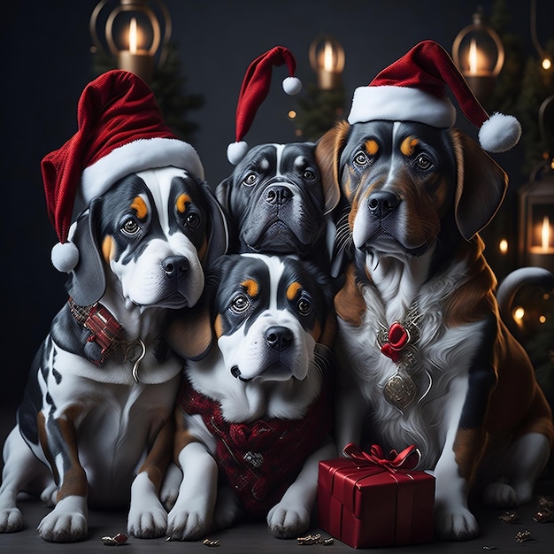 메리 크리스마스 파티 배경을 축하하는 귀여운 개들 크리스마스의 개들
