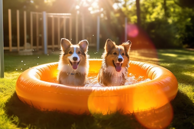 Cute dogs in rubber swimming pool Generative AI