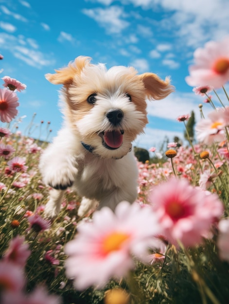 美しい花畑で走ったりジャンプしたりするかわいい犬