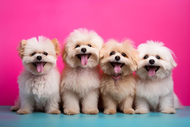 Cute dogs with different hairstyles on pink background