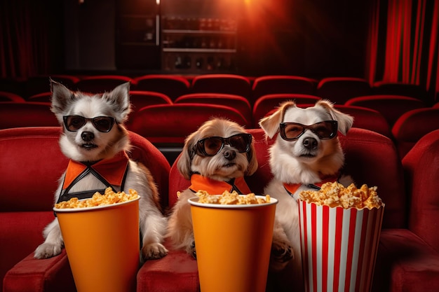 映画館でポップコーンを食べて映画を見ている可愛い犬 生成的なAI