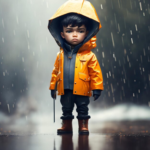 Cute doll with umbrella and jacket under rain cinematic photo illustration with unfocus background