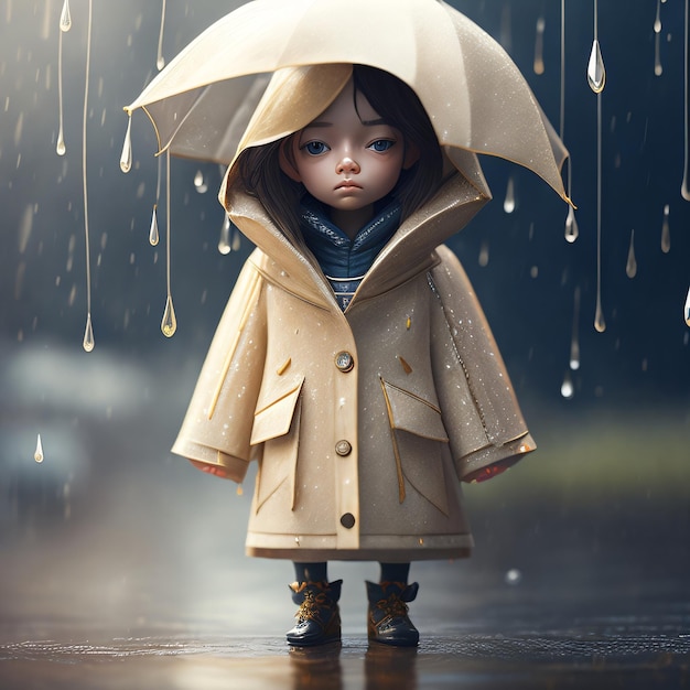 Cute doll with umbrella and jacket under rain cinematic photo illustration with unfocus background