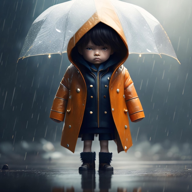 초점이 맞지 않는 배경이 있는 비 영화 사진 그림 아래 우산과 재킷을 입은 귀여운 인형