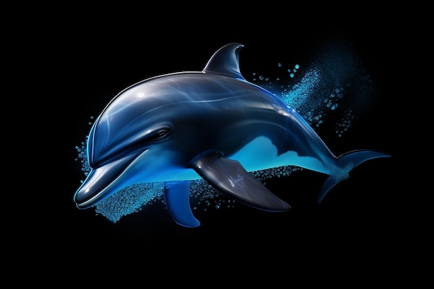 Cute dolphin jumping isolated on black background with splashes of water