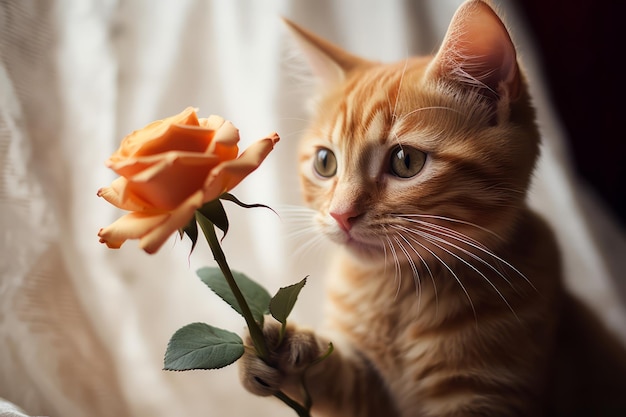 Cute domestic cat brought a flower as a gift Funny greeting card with animals