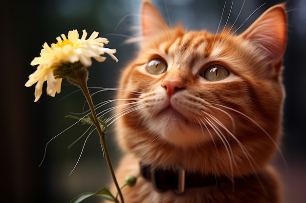 Cute domestic cat brought a flower as a gift Funny greeting card with animals