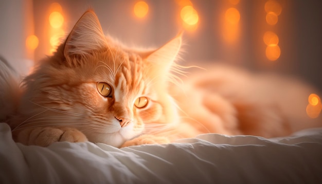 Cute domestic cat lies on a bed and is heated under sunshine from a window generative ai