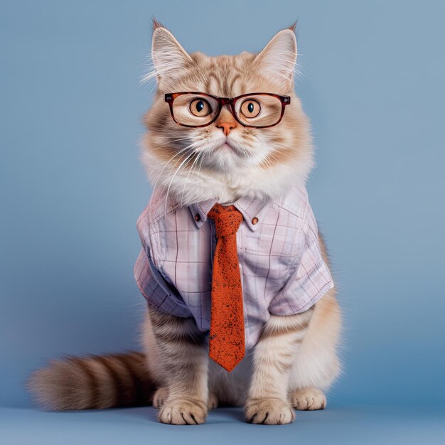 Cute domestic cat portrait wearing suite tie and eyeglasses on isolated background