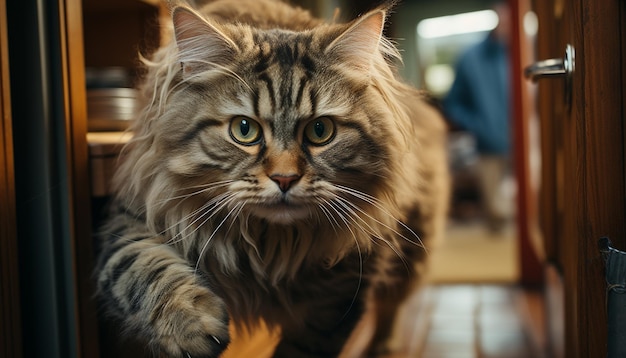 人工知能によって生成されたふわふわの毛皮で遊び心のあるカメラを見て座っているかわいい飼い猫