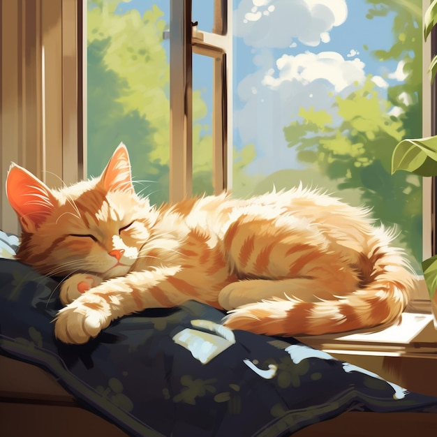 Cute domestic cat sleeps near the window