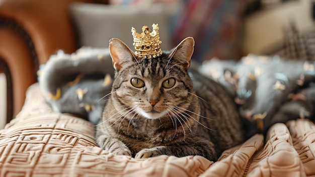 A cute domestic cat wearing kings crown animal portarit