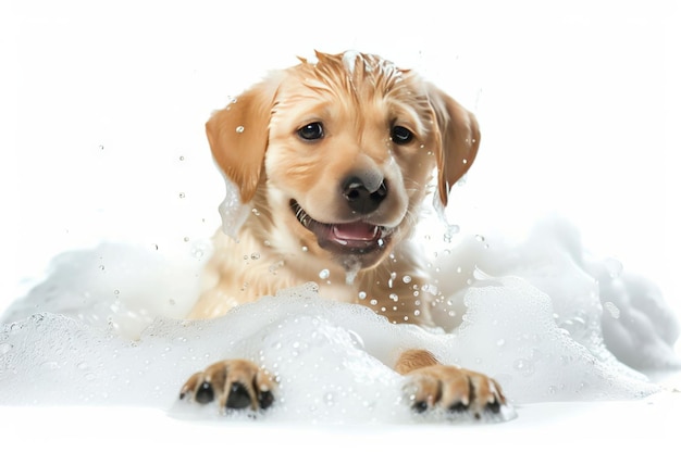 Foto cane domestico carino che si lava bagnato dall'acqua su uno sfondo bianco isolato