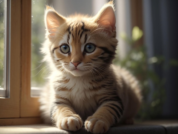 Cute domestic kitten sits at window staring outside generative ai