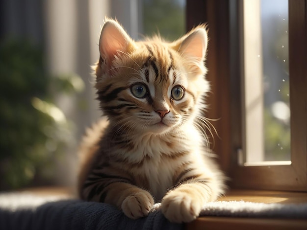 Cute domestic kitten sits at window staring outside generative ai