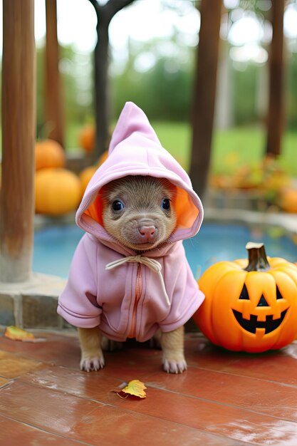 Foto piccolo maiale domestico carino con costume di halloween e zucca festa stagionale ai generativa