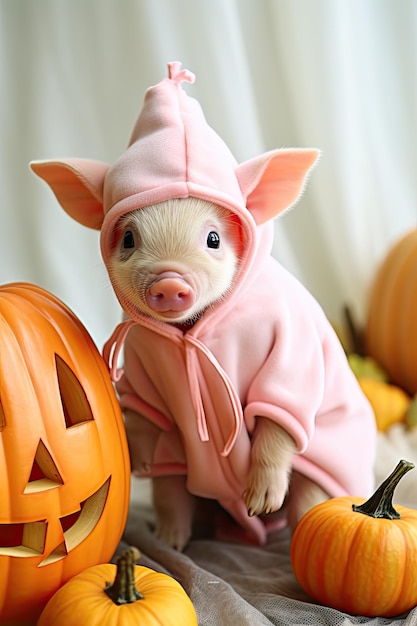 Cute domestic little pig with halloween costume and pumpkin seasonal party generative ai