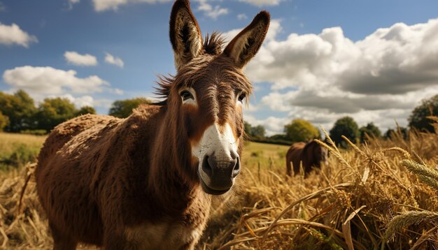 Cute donkey grazing on meadow enjoying the summer sunset generated by artificial intelligence