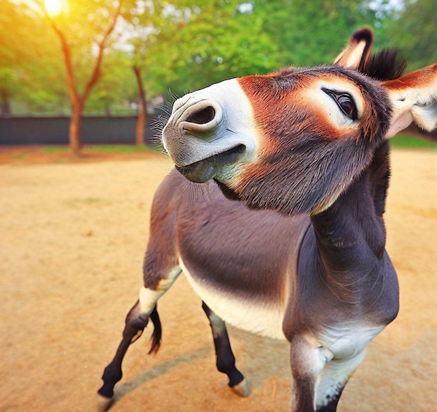 A cute donkey running and playing smiling