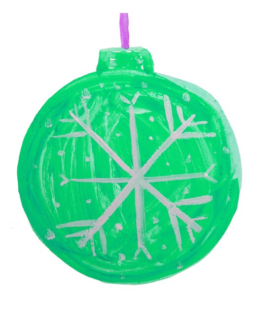 Cute doodle Christmas Green Ball, Christmas Tree decoration, Children's Watercolor Drawing.