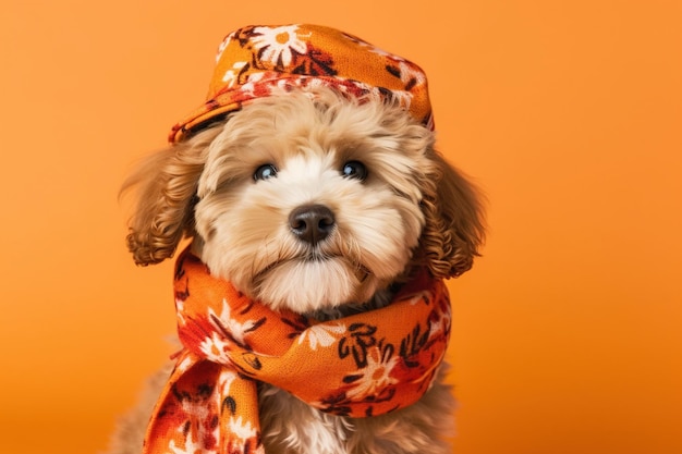Cute doodle dog dressed in a autumn fall scarf and hat on an orange background with space for copy