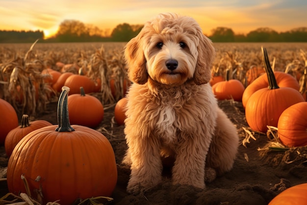 Cute Doodle dog standing on a pumpkin patch at sunset