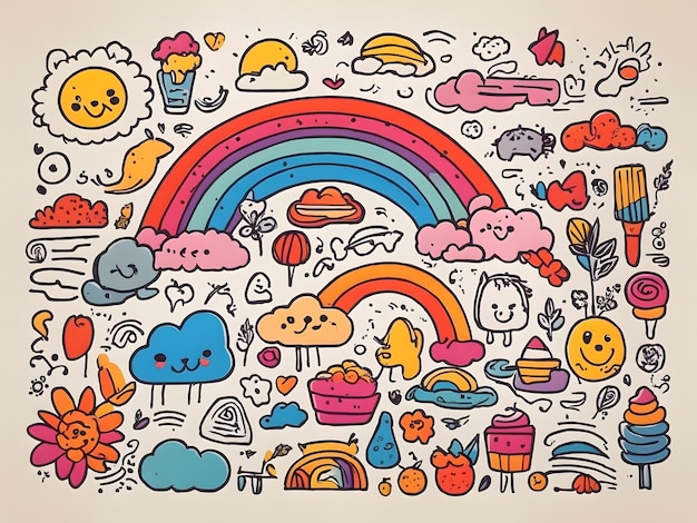 Cute doodle outlined design elements set Funny creative line art animals food flower rainbow