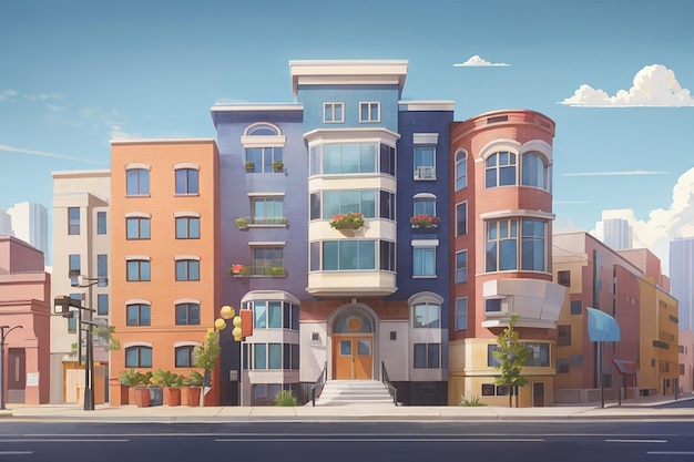 Cute downtown apartment building with funny cartoon illustration