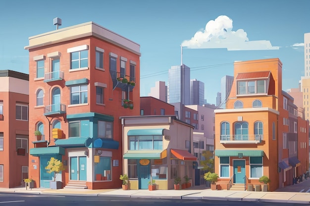 Cute downtown apartment building with funny cartoon illustration