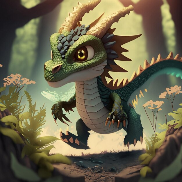 Милое драконье животное бежит по волшебному лесу.