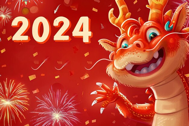 Photo a cute dragon celebrating the year of the dragon 2024 smiling chinese fireworks background