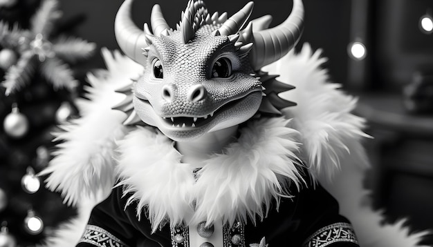 Cute dragon in christmas costume monochrome portrai new year and christmas 2024