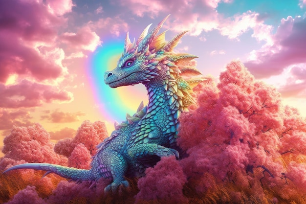 Милый дракон в волшебной сцене под радугой