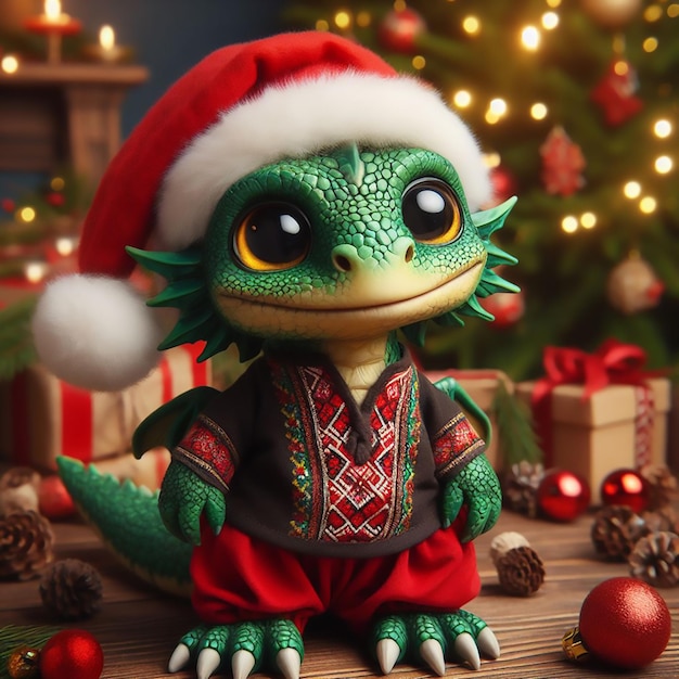 Photo cute dragon in a santa claus hat