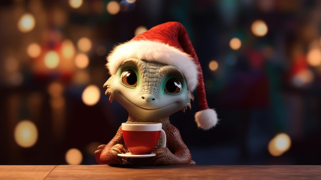 Cute dragon with a cup of coffee on a Christmas background