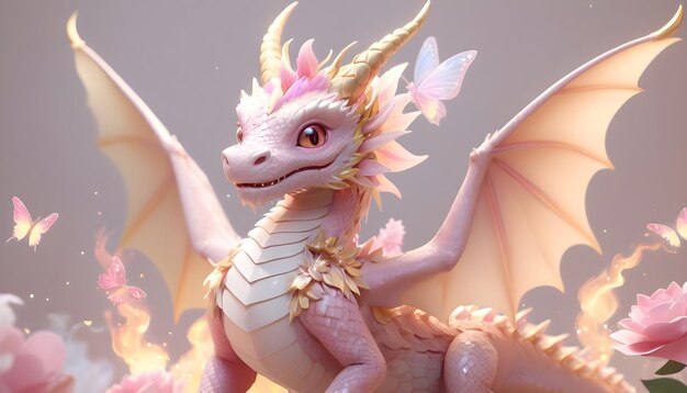 Cute dragon with flowers and butterflies