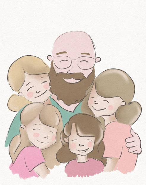 Cute drawing of a big family, dad and daughters, friendly family