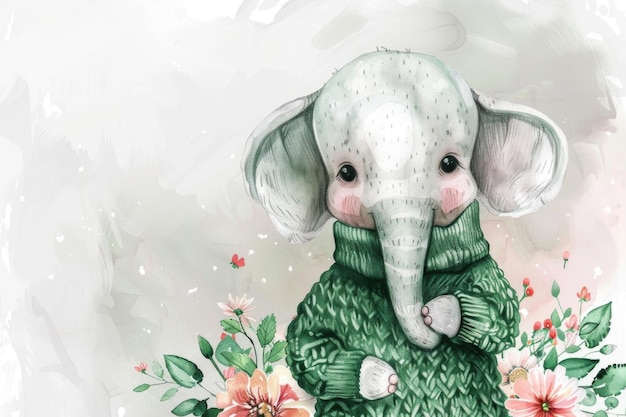 Foto un carino disegno di un elefante che indossa un maglione accogliente perfetto per illustrazioni per bambini o disegni a tema invernale