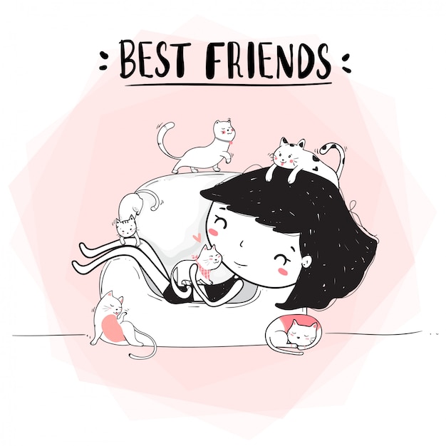 cute drawing out line happy girl  hug cats on sofa