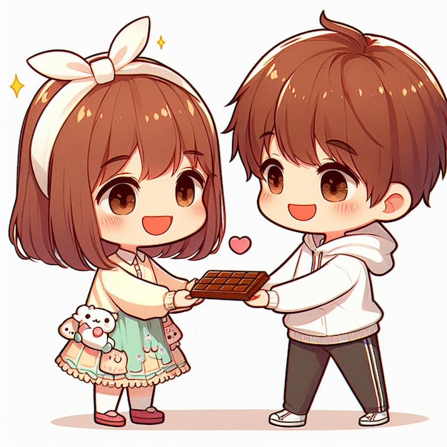 Foto carino disegno di due bambini con una barretta di cioccolato
