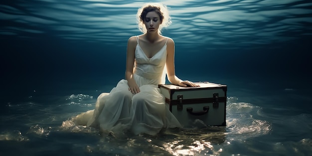 A cute dreamy girl in white dress sailing in the ocean on her luggage bag