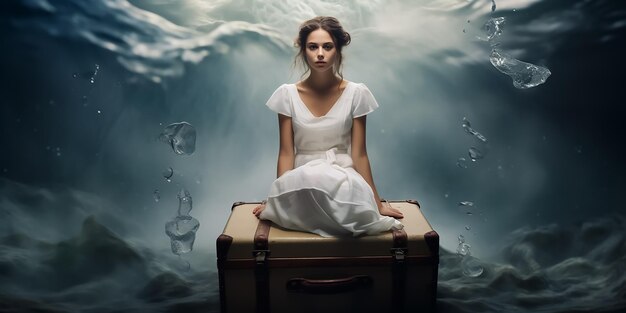a cute dreamy girl in white dress sailing in the ocean on her luggage bag